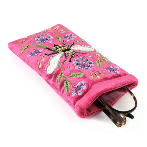Rich pink cotton velvet glasses case with embroidered bee with a colourful floral setting.